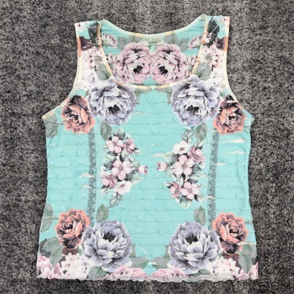 Dressbarn Women's Petite Large Aqua Blue Floral Tank Top Sleeveless Ruffle Trim - Picture 2 of 8